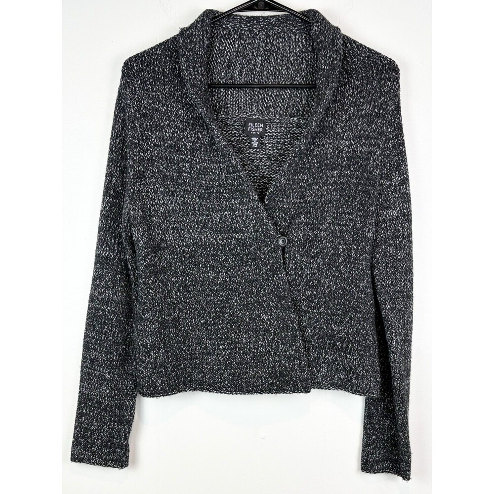 Eileen Fisher Sweater Black Grey Wool Cashmere Blend One Button Medium Petite